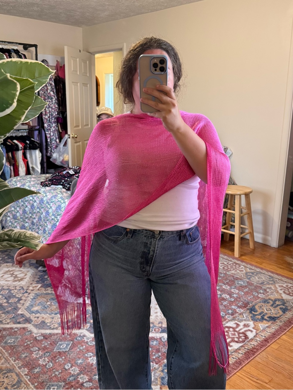 Kimberly C Y2K hot pink metallic fringe scarf
